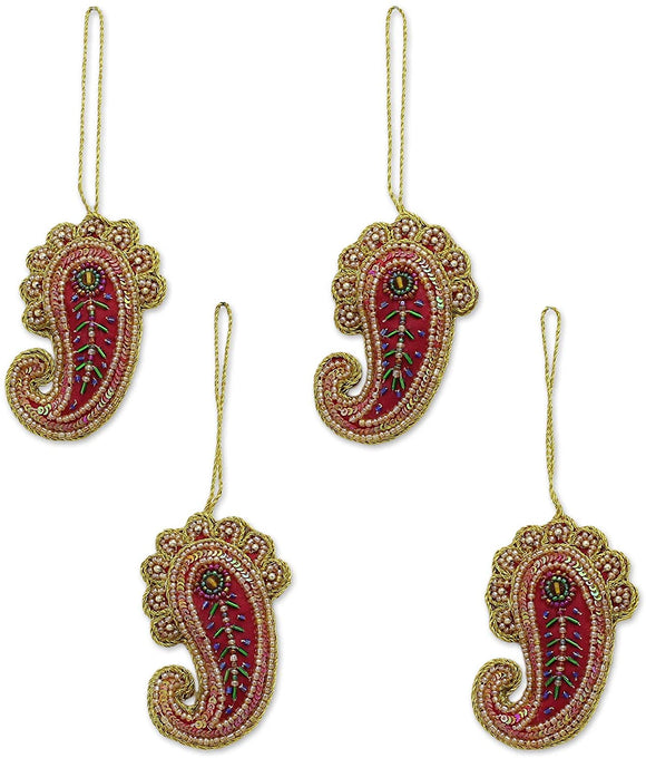 Handmade Set 4 Beaded Ornaments Brilliant Paisleys (India) Color Acrylic Glass Polyester