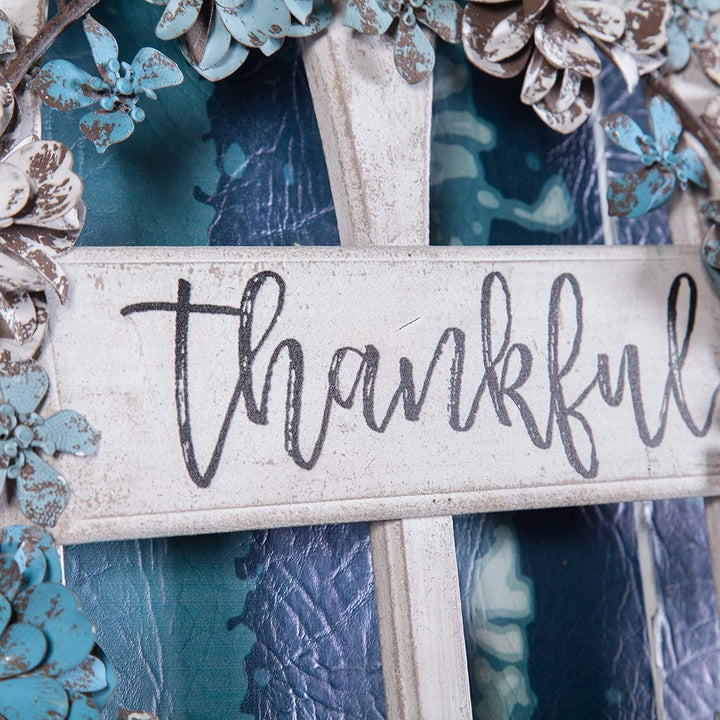 Metal Wood Thankful Cathedral Window Wall Decor Blue White Shabby Chic Traditional Includes Hardware - Diamond Home USA