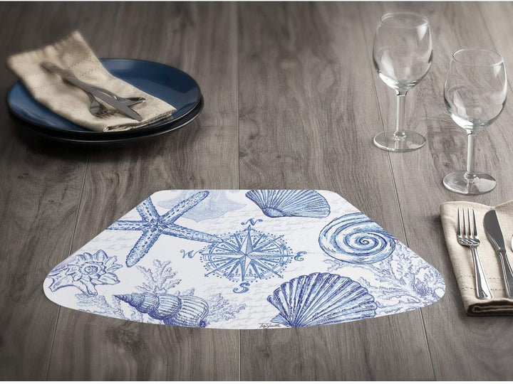 Wipe Clean Wedge Shaped Placemats Set 4 Coastal Sketch Color Oblong Plastic - Diamond Home USA