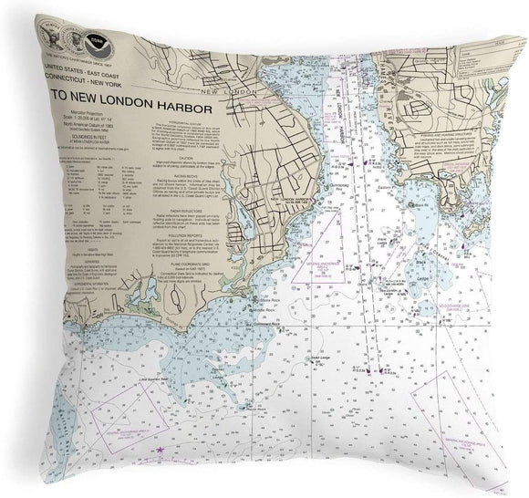 New London Ct Nautical Map Noncorded Pillow 12x12 Color Graphic Coastal Polyester