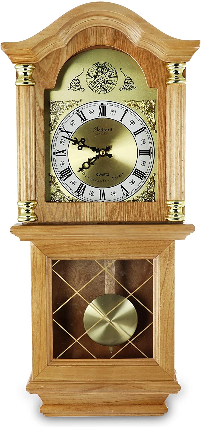 Classic 26" Wall Clock Pendulum Brown Rectangular Wood