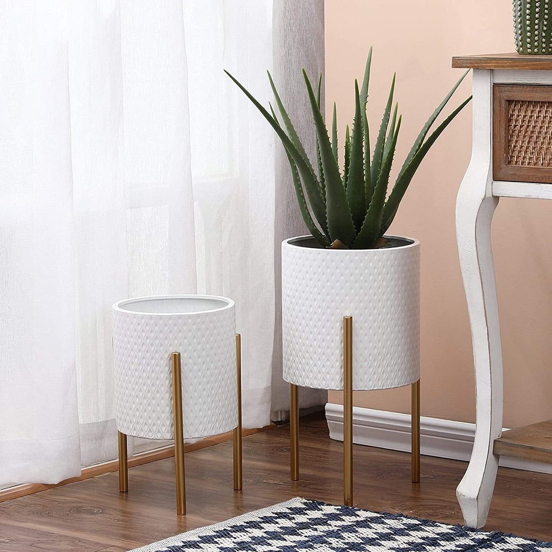 2 Piece White Round Metal Planters Gold Stand Modern