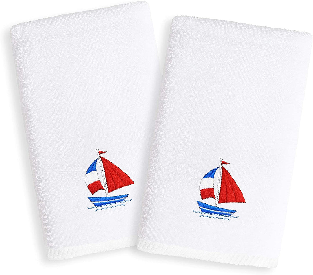 Sweet Kids Sailboat Embroidered White Turkish Cotton Hand