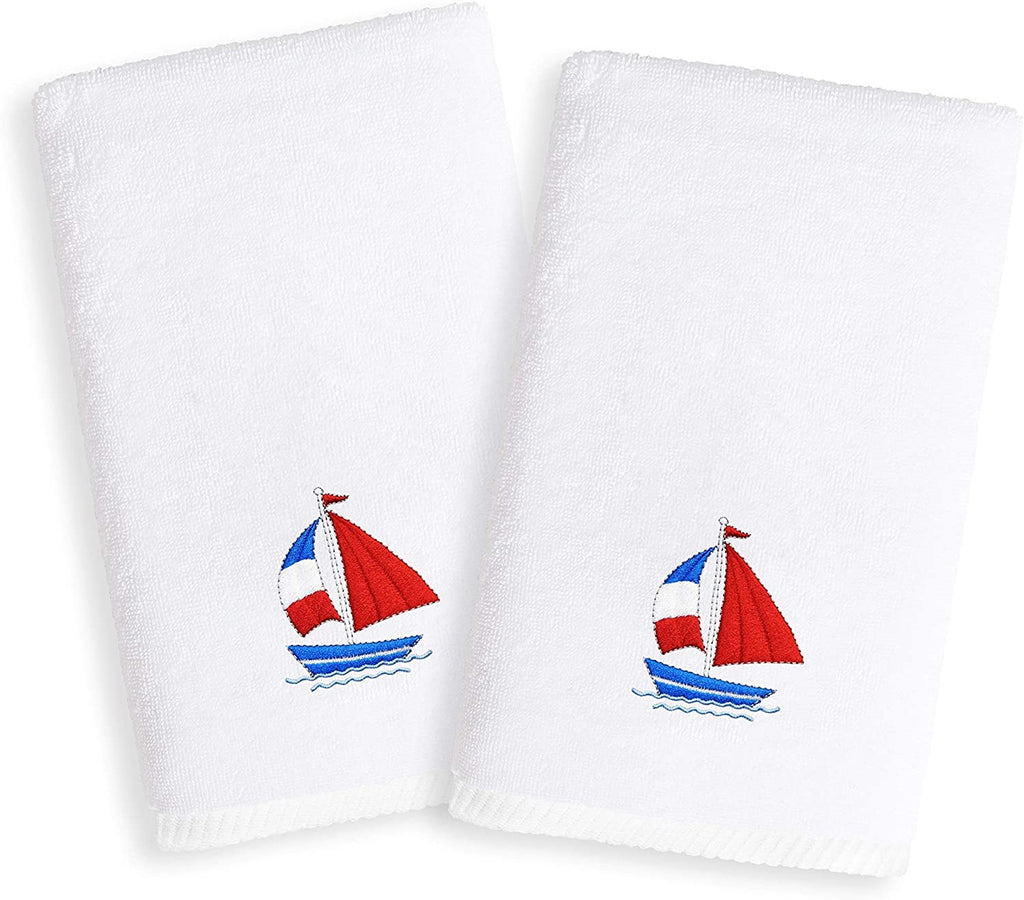 Sweet Kids Sailboat Embroidered White Turkish Cotton Hand Towels (Set 2) Blue Red Novelty