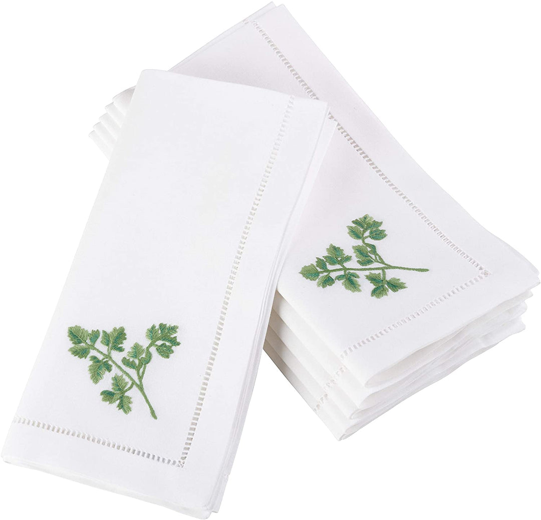 Parsley Embroidered Hemstitched Cotton Napkin (Set 6)