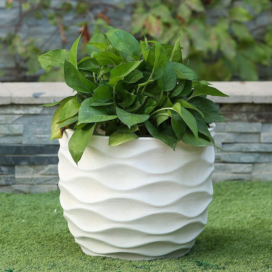 White Wavy Design Planter Modern Contemporary Round