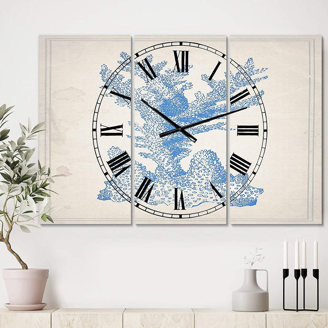 Blue Coral 1' Large Nautical Coastal Wall Clock 3 Panels