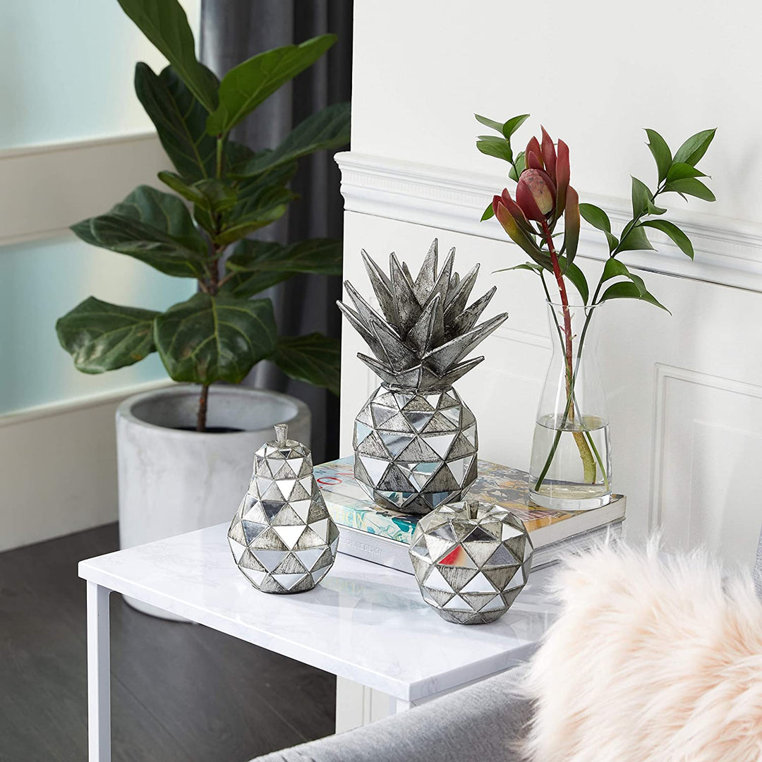 Polystone Tarnished Silver Glass Mirrored Geometric Fruit Sculptures Set 3 4 5" 6 25" 10 5" 7 X 6 10 Resin - Diamond Home USA