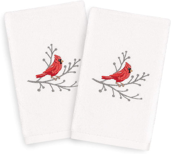 Turkish Cotton Cardinal White Set 2 Hand Towels Red Silver Terry Cloth Embroidered