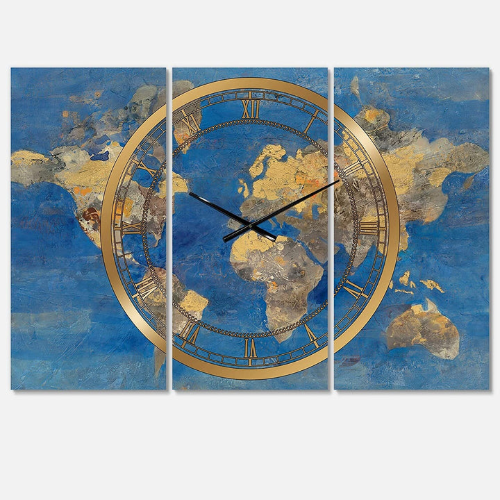 Golden Glam World Map' 3 Panels Oversized Wall Clock 36 Wide X 28 High Panels Blue Modern Contemporary Rectangular Steel Finish Battery - Diamond Home USA