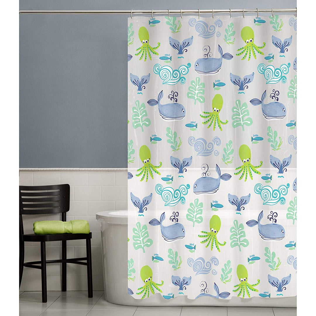 72 x 72 Blue Green Kids Sea Creature Shower Curtain Clear