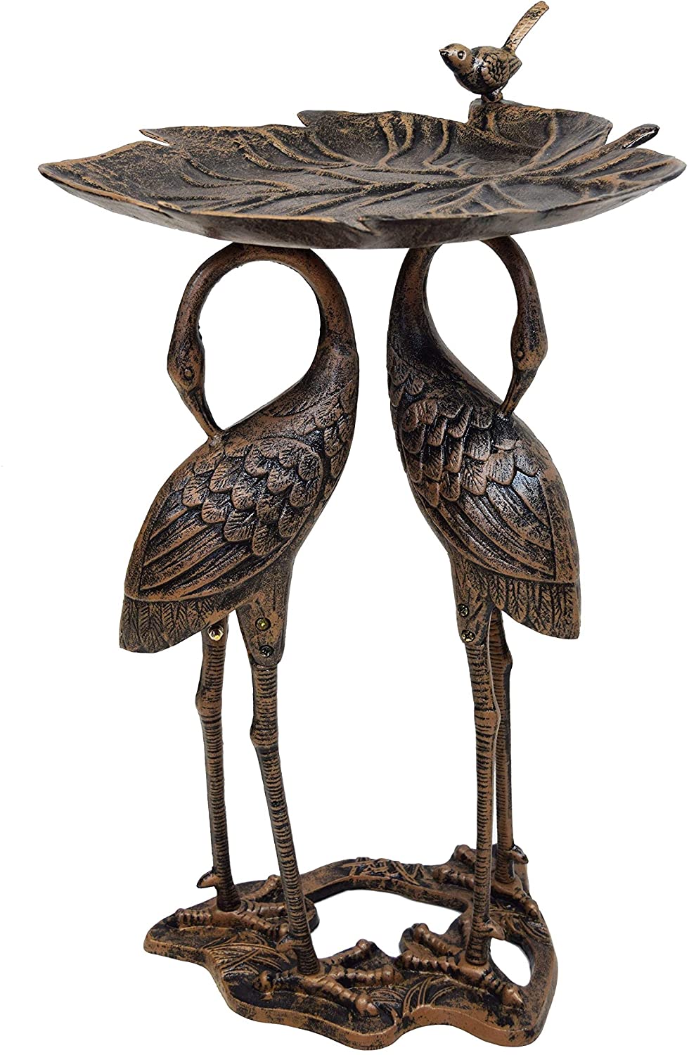 Bronze Iron Metal Lily Cranes Bird Bath Brown Gold Pedestal - Diamond Home USA