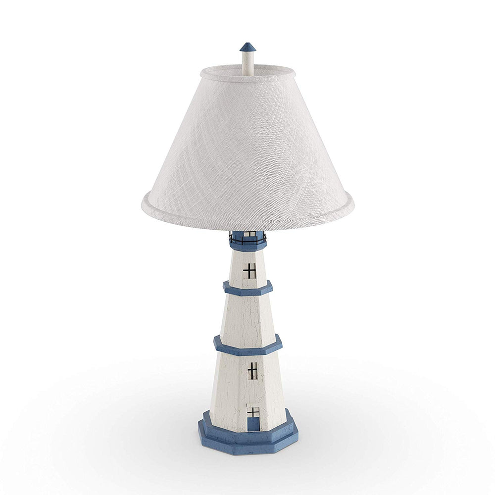 Nautical Rope Lamp Coastal Table Lighting Blue White Lighthouse Decor Bedroom Desk Accent Wood Rustic Buoy Beach Themed Cottage