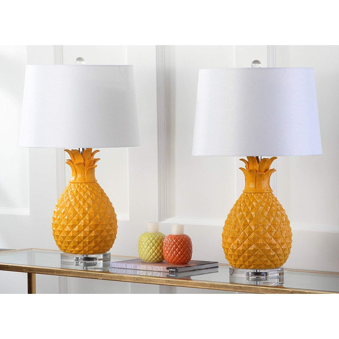 Yellow Pineapple Table Lamp Set Tropic Palm Leaf Light