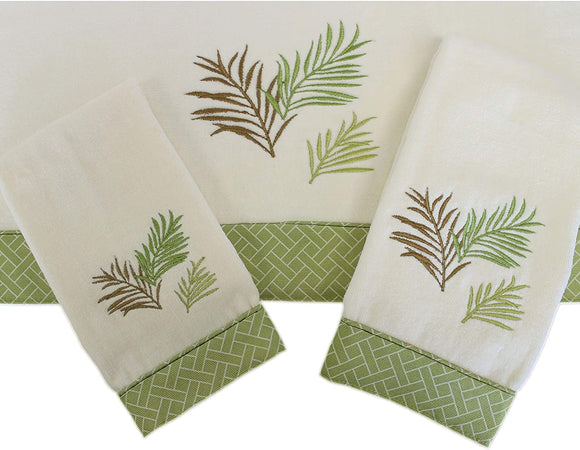 MISC Sago Palm Decorative 3 Piece Towel Set Green Border Cotton Embroidered