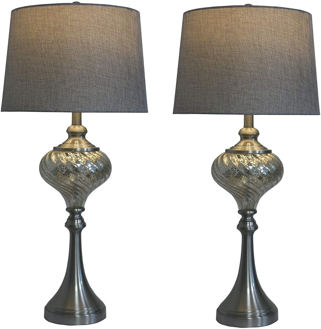 Pair 30in Brushed Steel Glass Table Lamps Silver