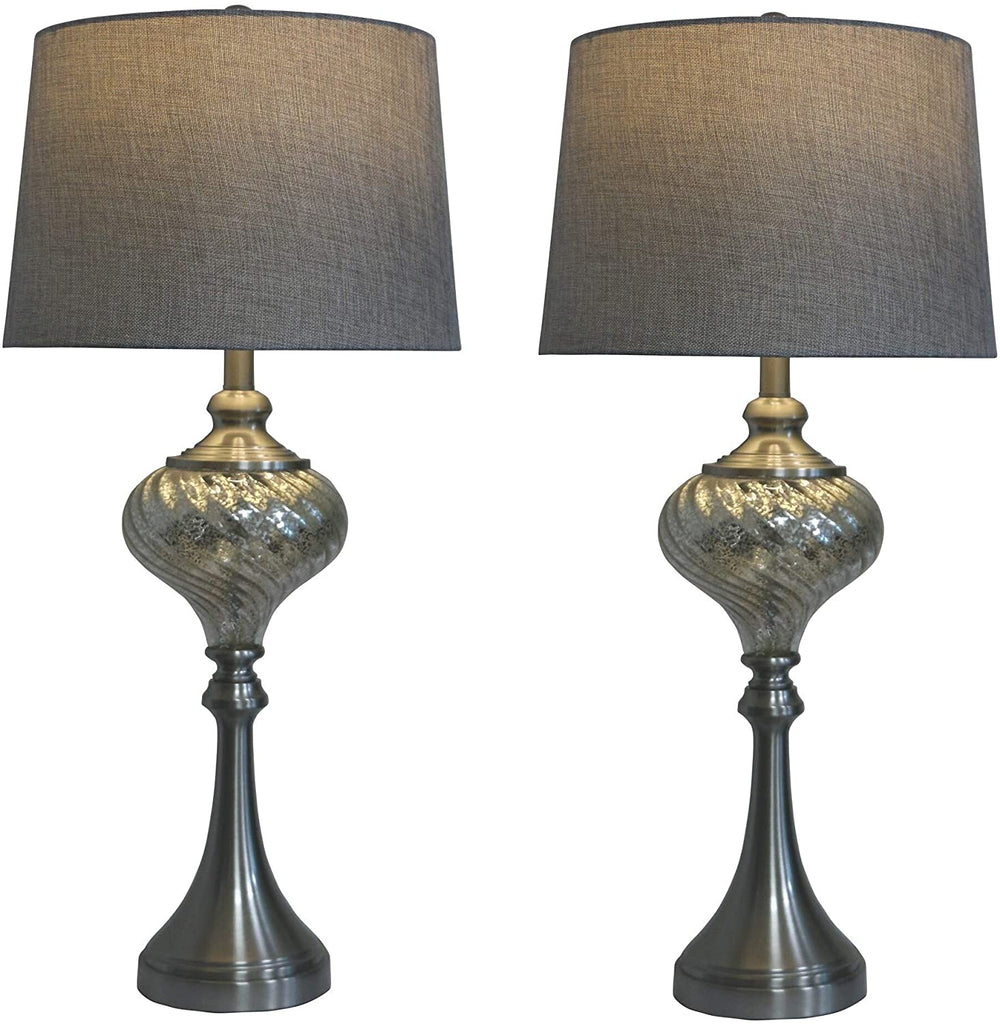 Pair 30in Brushed Steel Glass Table Lamps Silver Transitional
