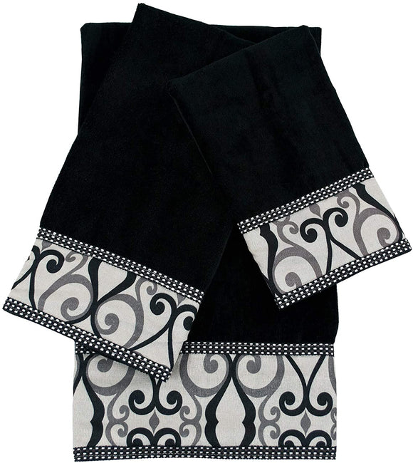 Unknown1 3 Piece Decorative Embellished Towel Set Black Geometric Cotton
