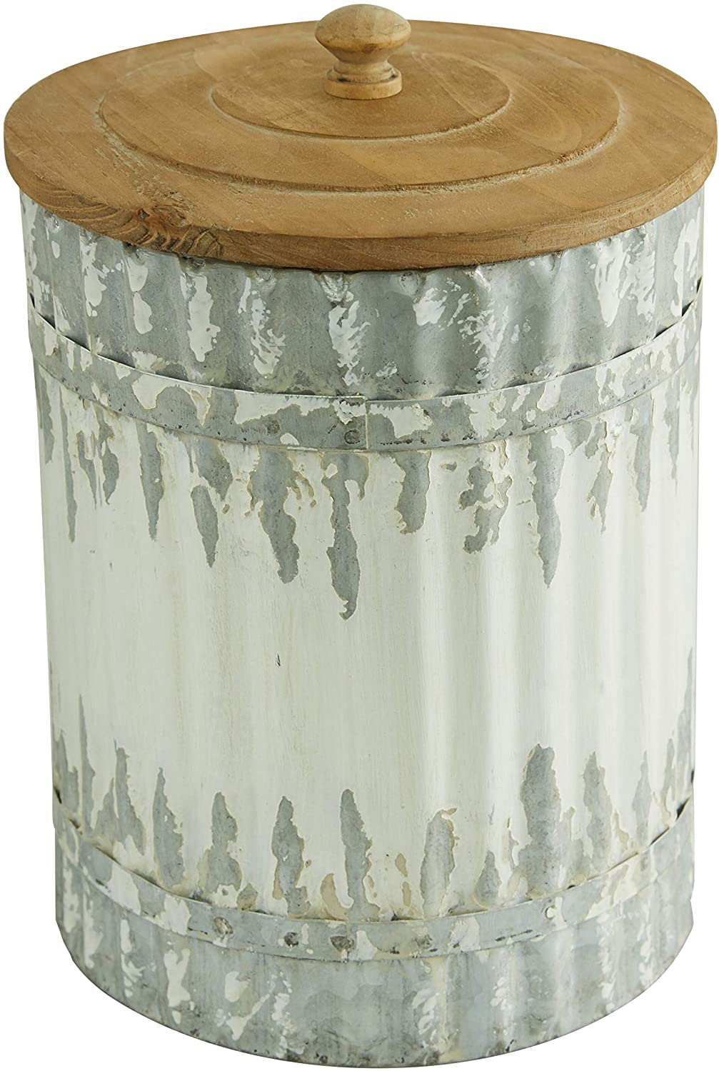 Round Distressed White Galvanized Metal Textured Canisters Wood Lid Set 3 9" 10" 12" 8 X 12 - Diamond Home USA