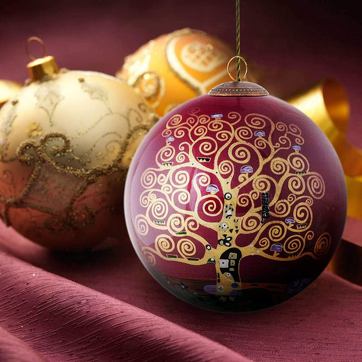 Tree Life (Burgundy) Hand Painted Glass Ornament Gold Color Red Metal Velvet - Diamond Home USA