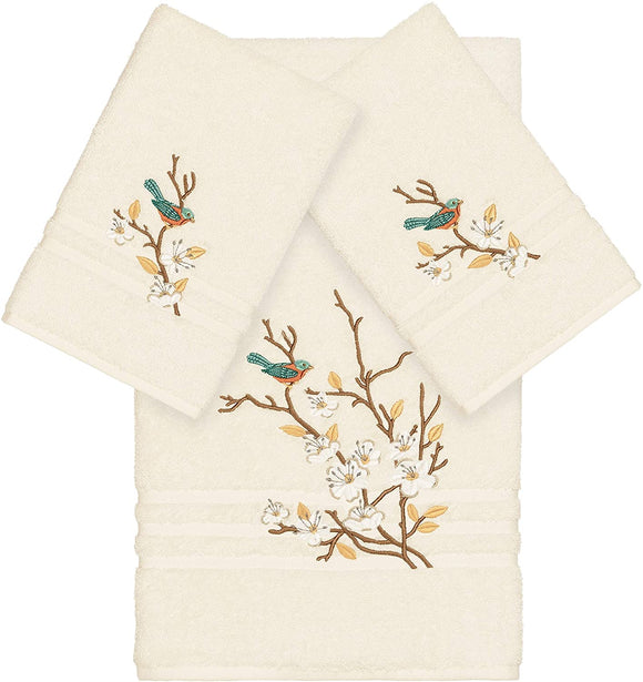 UKN Turkish Cotton Blue Bird Embroidered Cream 3 Piece Towel Set Off White Cloth