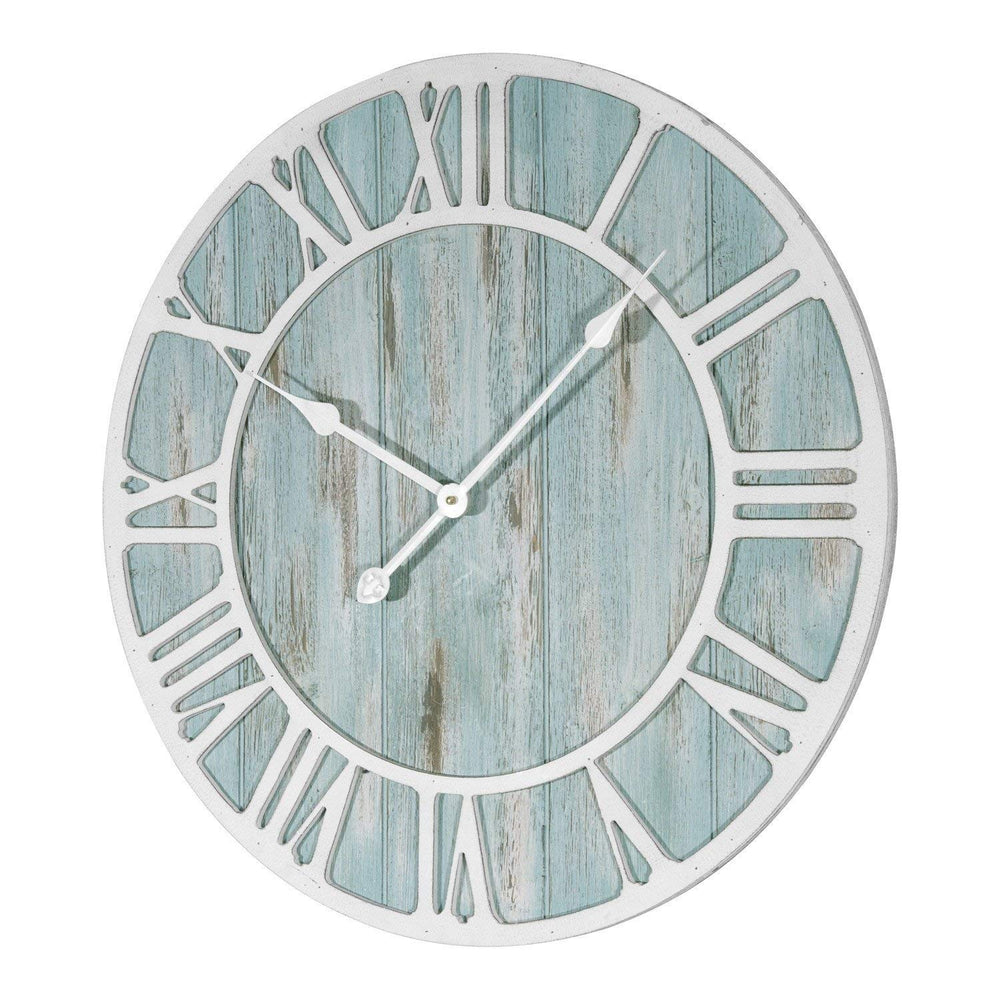 Oversized Coastal Wall Clock Aqua Blue Distressed Wood White Roman Numerals Analog Nautical Beach Hanging Timepiece 23 5 Inch Round