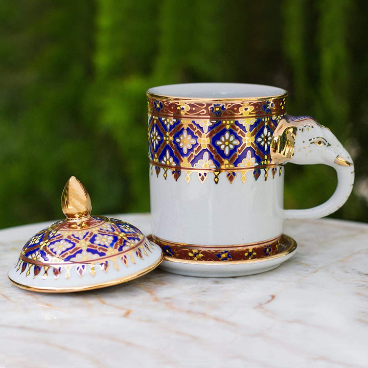 Handmade Porcelain Mug 'Thai Elixir' (Thailand) Gold White Geometric Traditional Round 1 Piece - Diamond Home USA