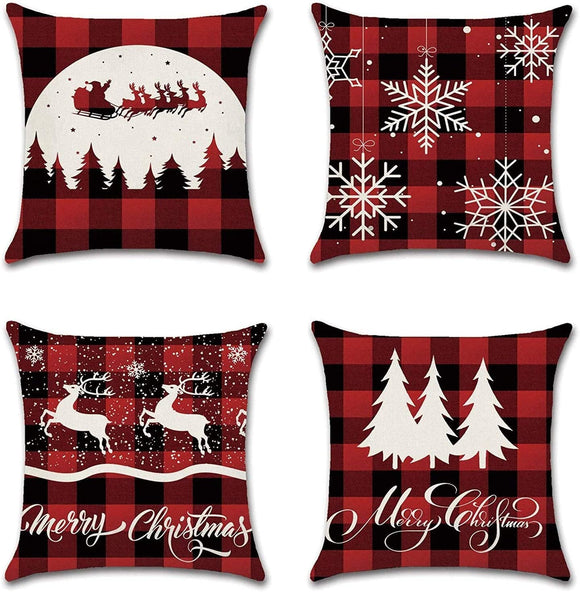 Unknown1 4 Pcs 18x18 Buffalo Plaid Christmas Decorations Holiday Decorative Pillow Covers Cotton Blend