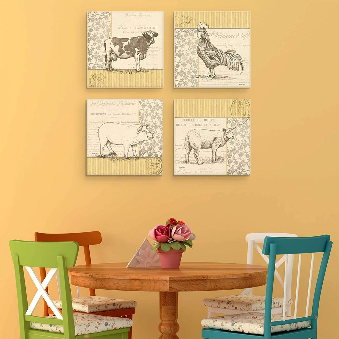 Vintage Farm Cow Rooster Pig Lamb Dewitt Canvas Art Set 4 12x12x4 Farmhouse Square