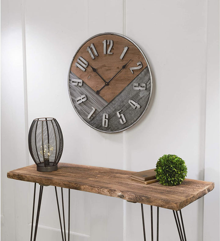 Rustic Wall Clock Brown Grey Farmhouse Industrial Iron Wood - Diamond Home USA