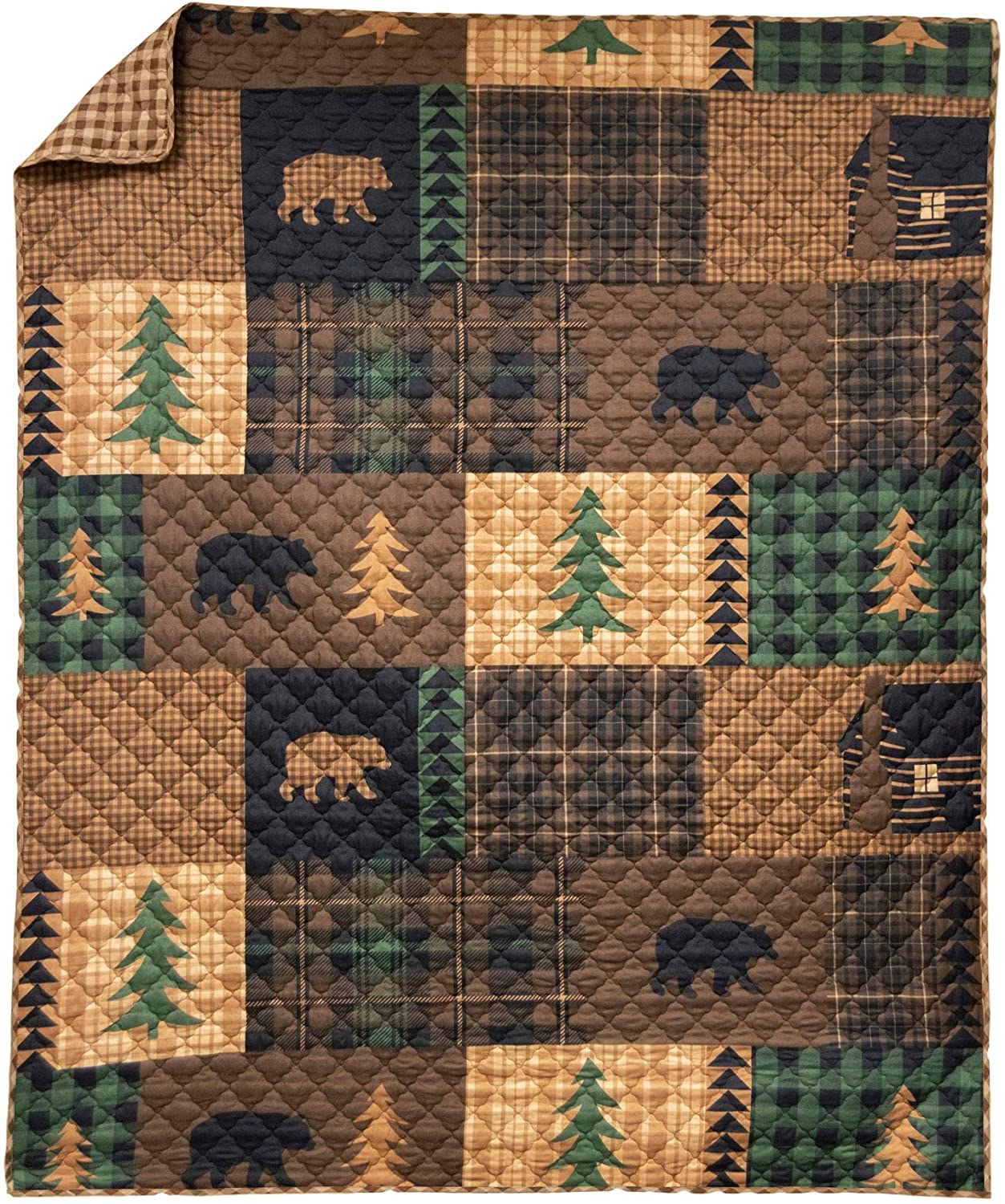 MISC Your LifeDesign/Look Brown Bear Cabin Throw Black Patchwork Plaid Lodge Rustic Microfiber