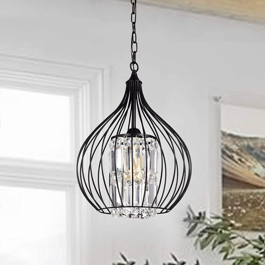 Matte Black 1 Light Pendant Crystal Shade Modern