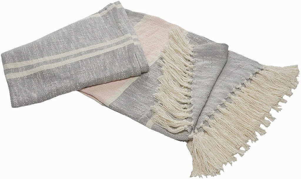Touch Blush Striped Throw Blanket Fringe Grey Pink Geometric Farmhouse Mid Century Modern Cotton Handmade