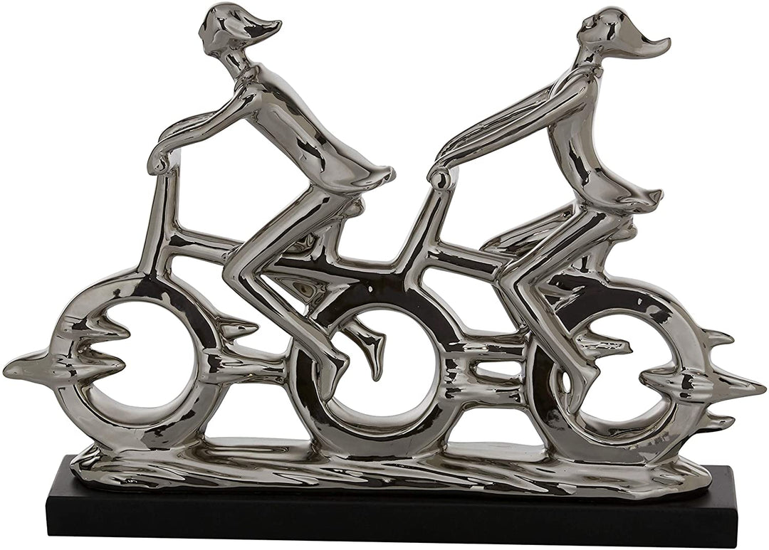 Silver Ceramic Tandem Cyclists Sculpture 18 X 3