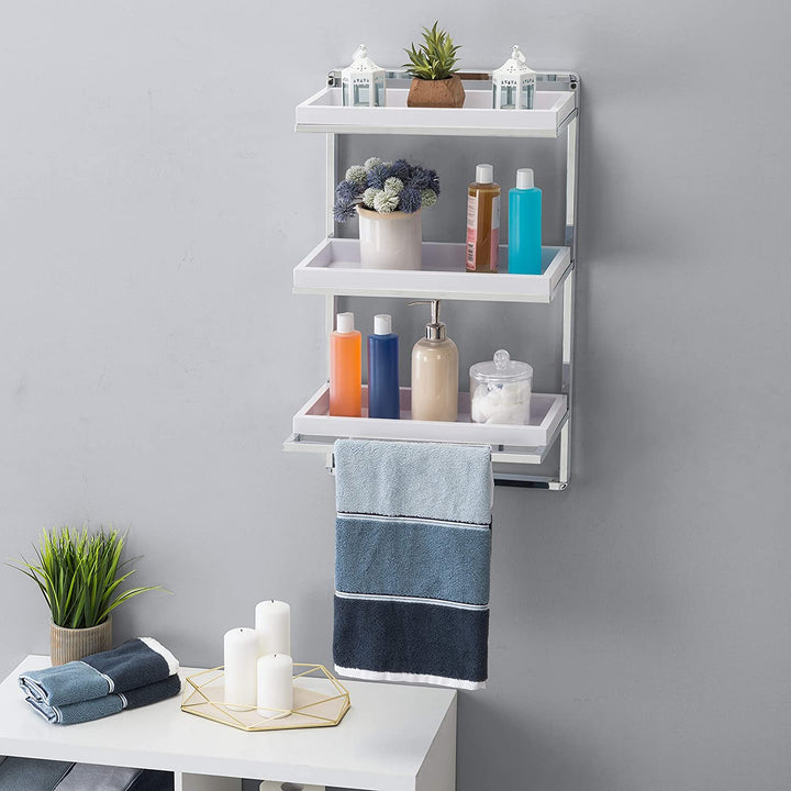 Wall Mount 3 Tier White Chrome Bathroom Shelf Towel Bar Modern Contemporary Plastic Glossy Includes Hardware - Diamond Home USA