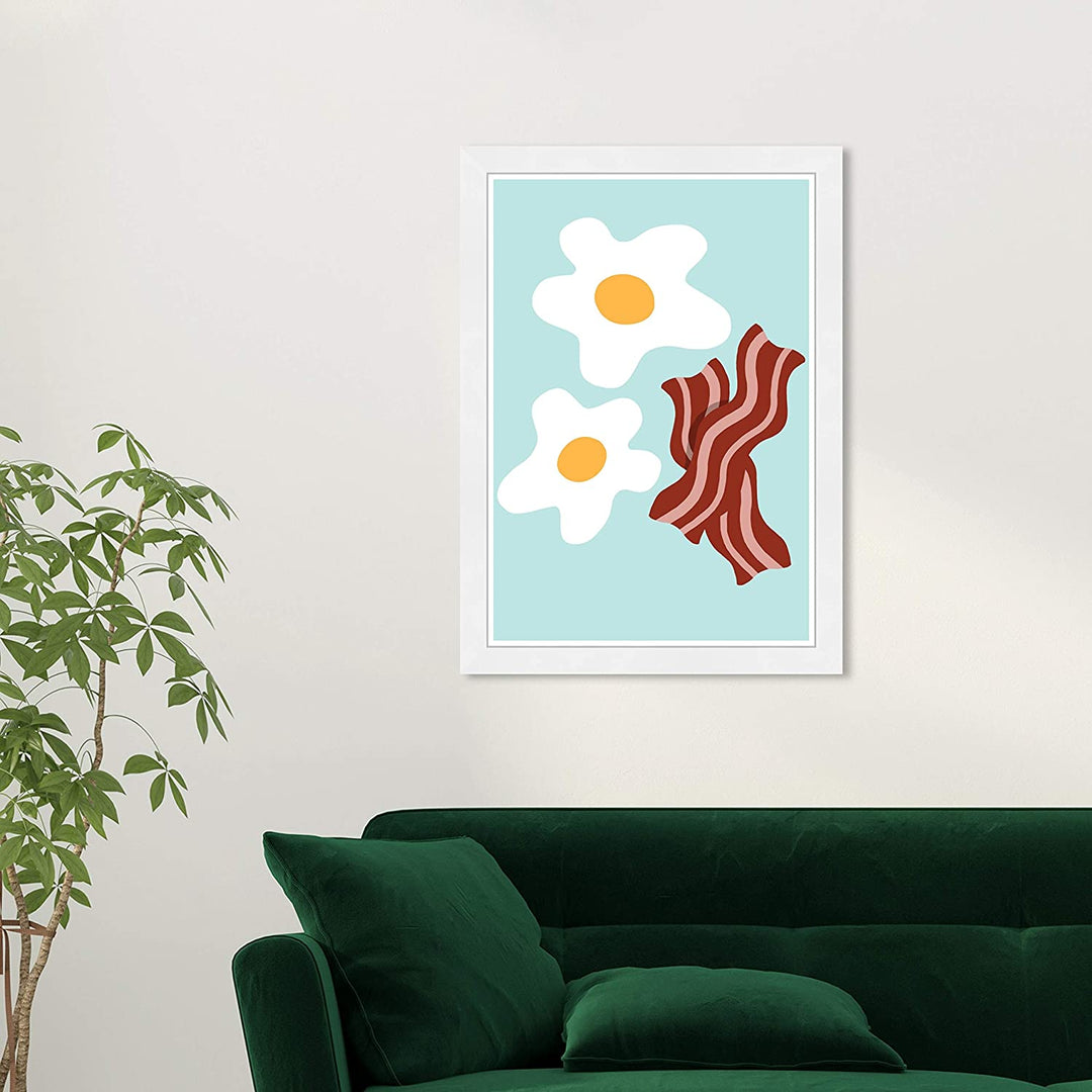 Eggs Bacon' Food Wall Art Framed Blue White Modern