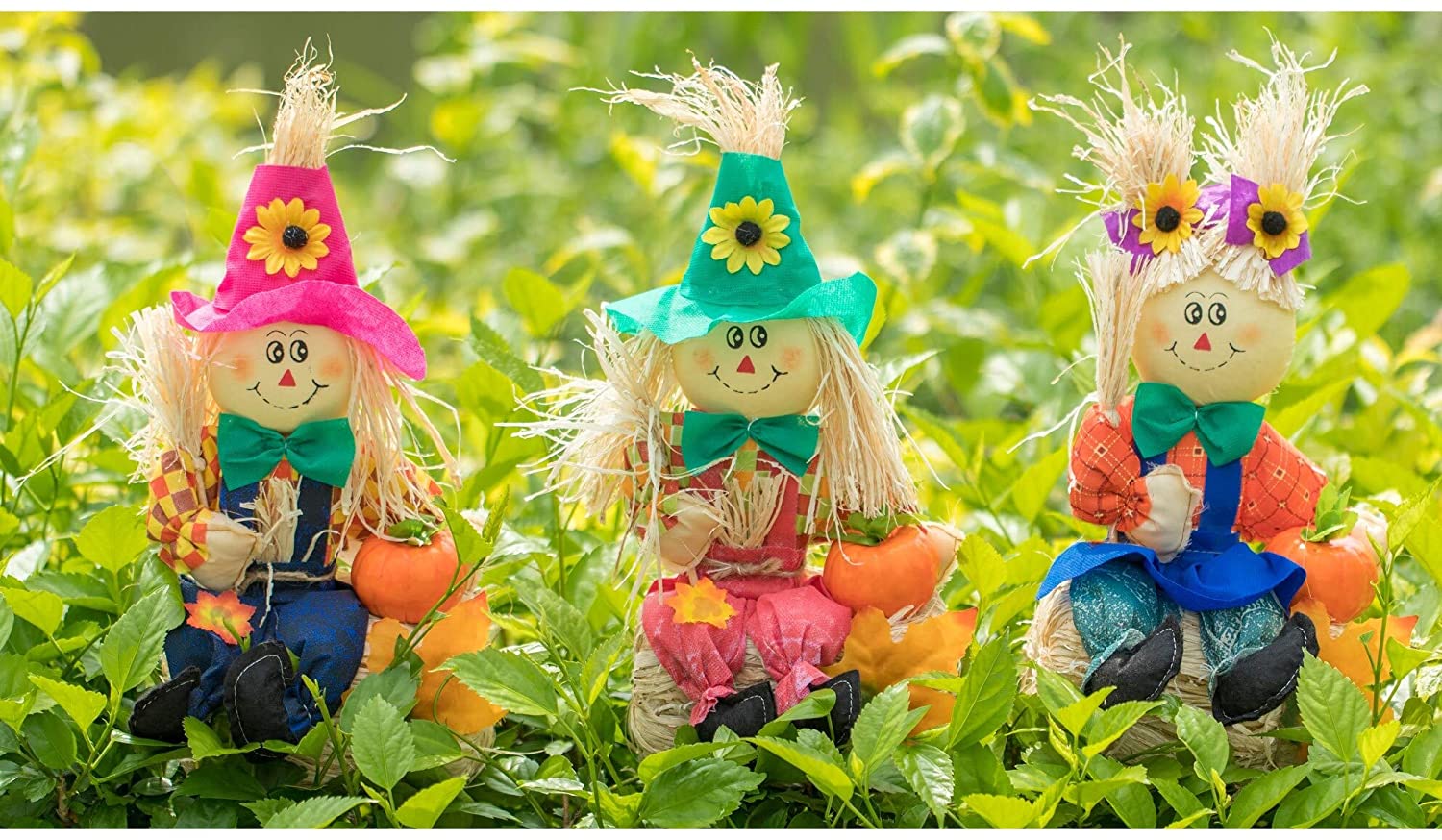 Set 3 Garden Scarecrows Sitting Hay Color