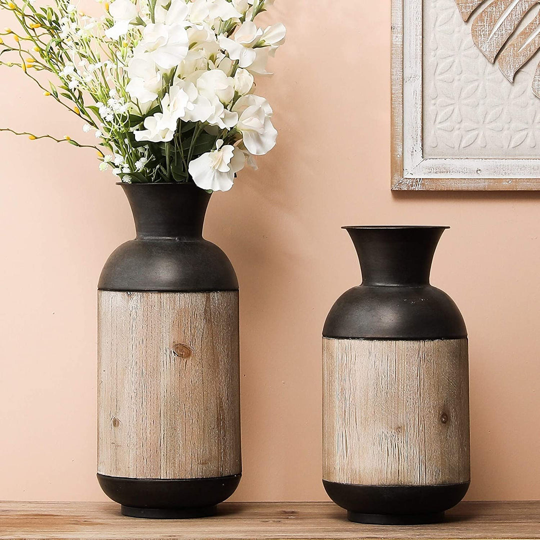 Iron Wood Vase Set Brown Farmhouse Metal