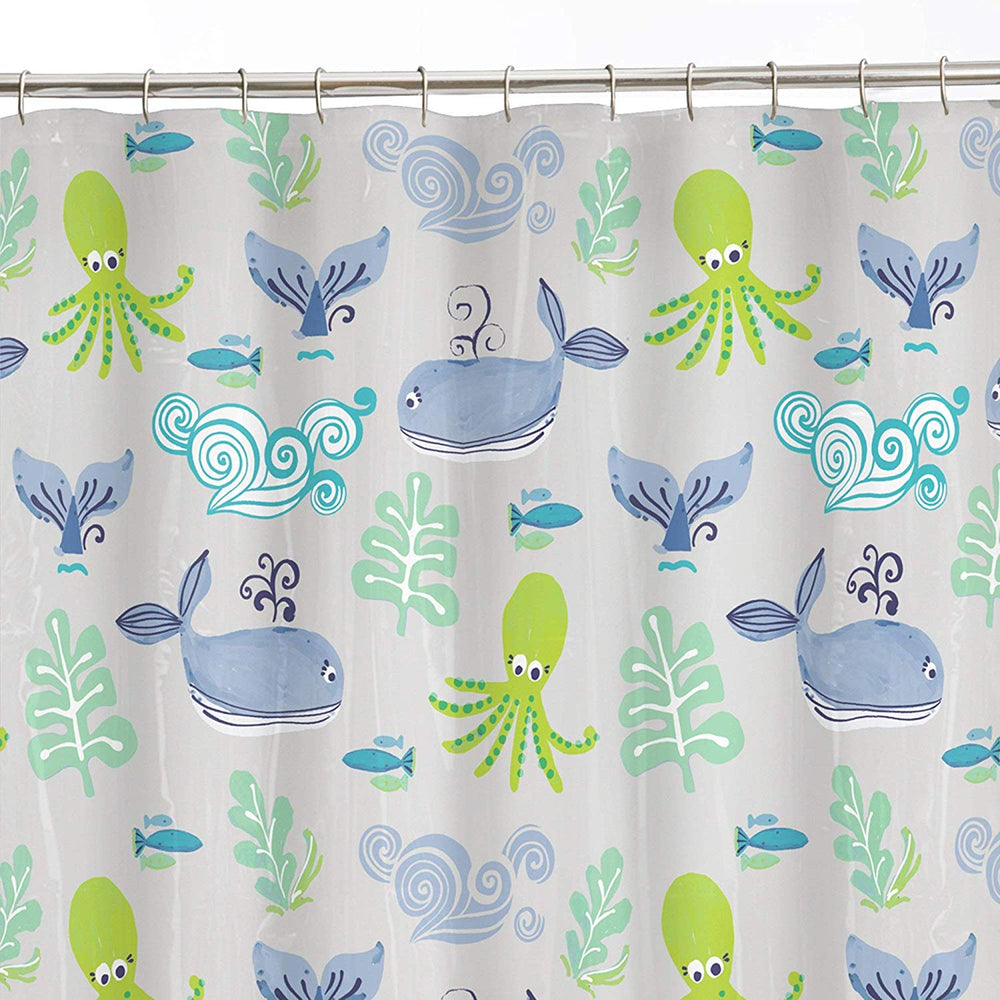 72 x 72 Blue Green Kids Sea Creature Shower Curtain Clear Background Cute Fun Whale Octopus Ocean Themed Bathroom Decor Childrens Graphic Adorable