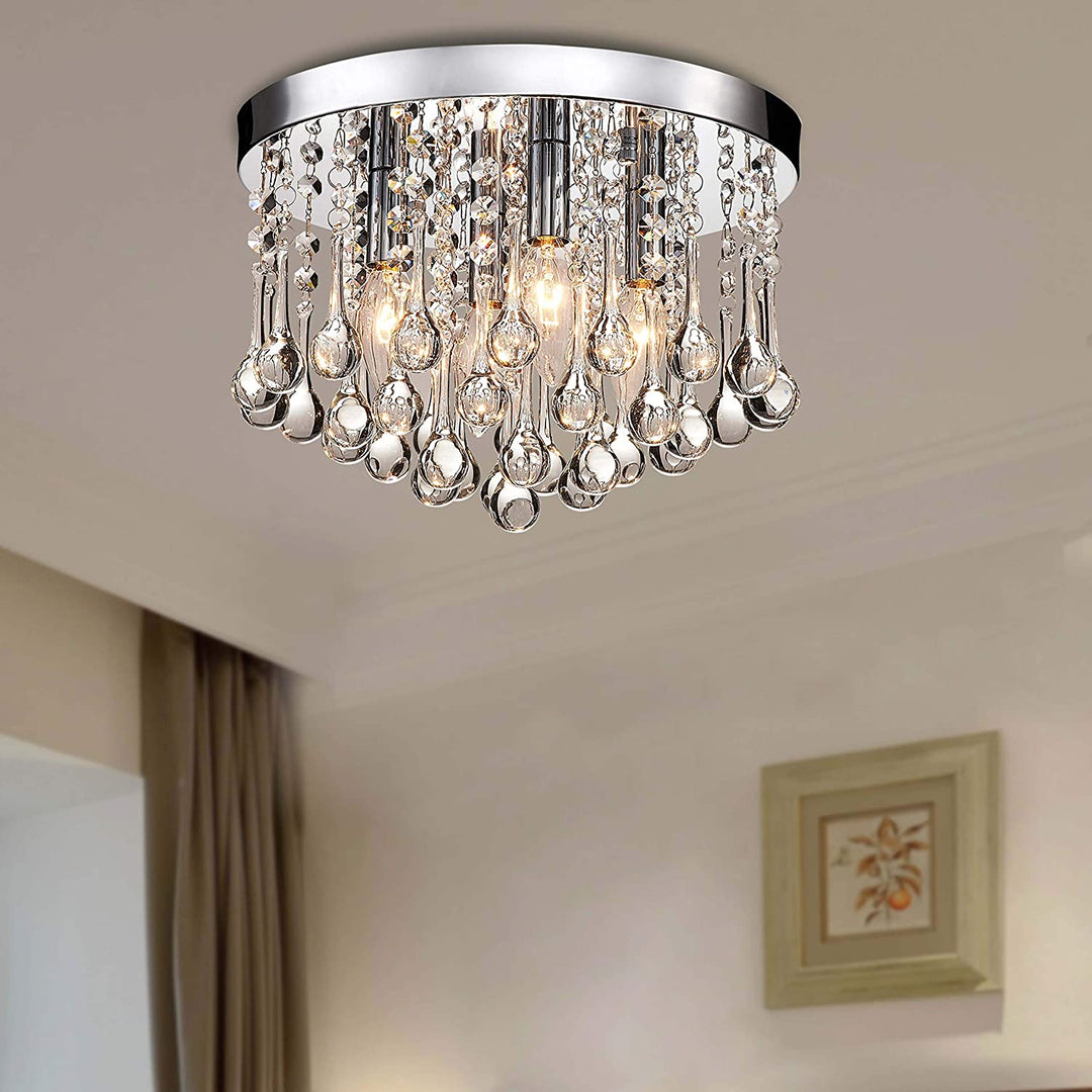 4 Light Chrome Finish Flush Mount Clear Crystal Drops Modern