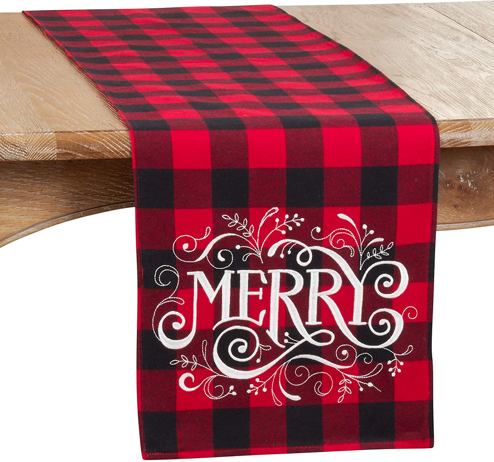 Buffalo Plaid Table Runner Merry Design Red Cotton Blend - Diamond Home USA