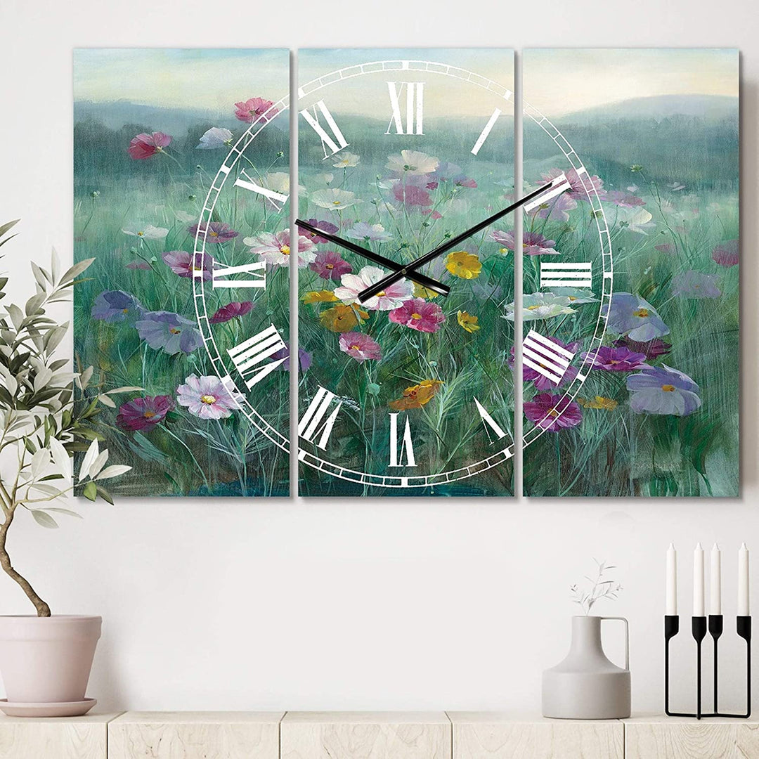 Flower Field' Cottage 3 Panels Large Wall Clock 36 Wide X 28