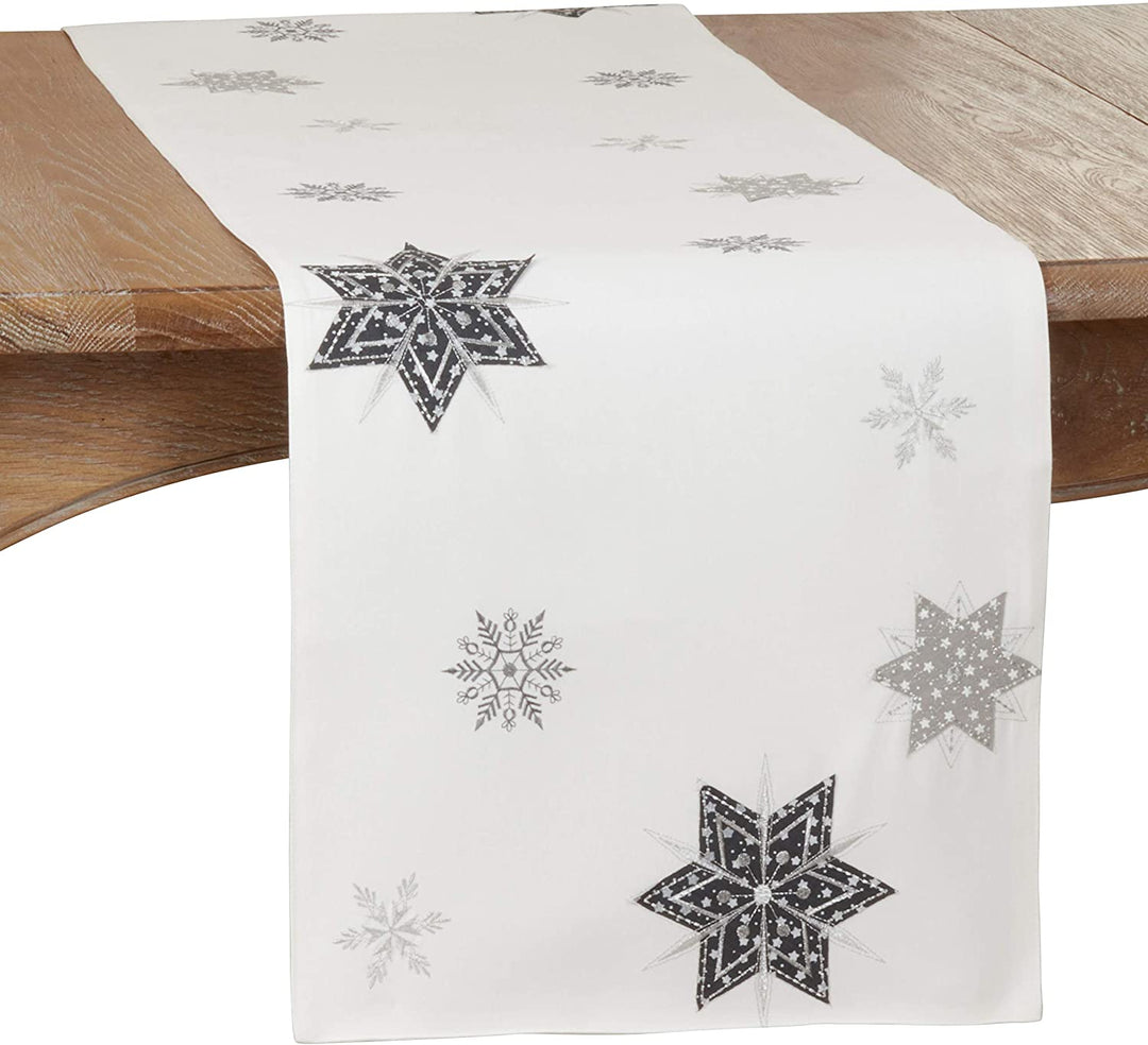 Table Runner Embroidered Snowflakes Design 16"x70" White Polyester - Diamond Home USA