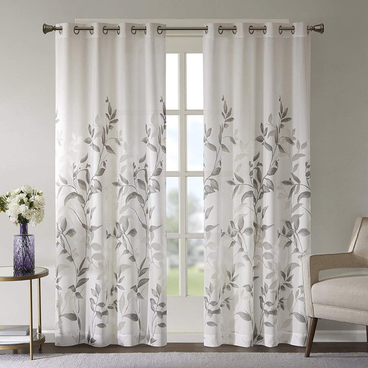 84 Inch Grey Leaf Swirl Window Curtain Single Panel Gray