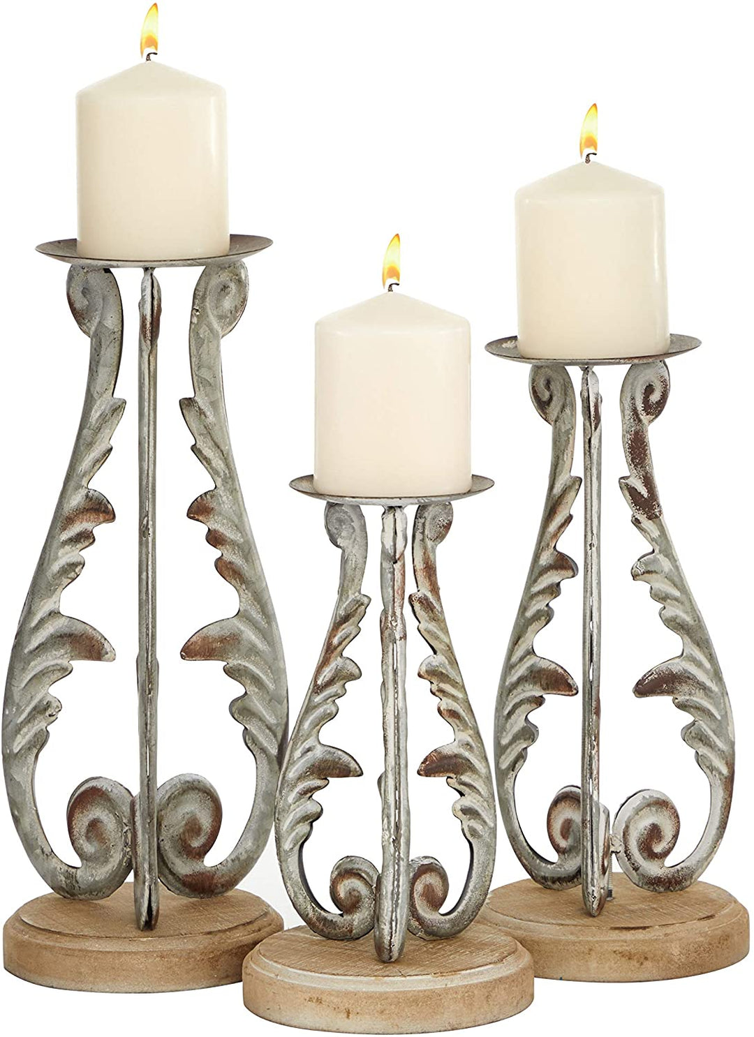 Distressed Silver Metal Wood Candle Holders Set 3 14" 12"