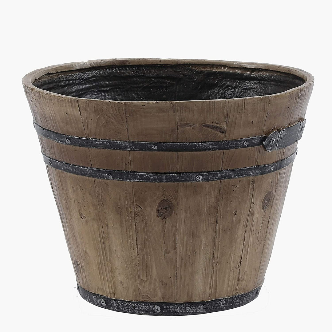 Set 2 Rustic Finish Barrel Planters Brown Farmhouse Round