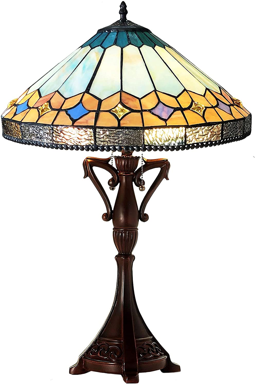 Tiffany Geometric 2 Light Antique Bronze Table Lamp Color Tiffany