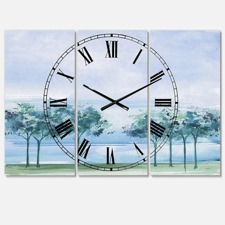 Tree Across Lake' Cottage 3 Panels Large Wall Clock 36 Wide X 28 High Panels Blue Traditional Rectangular Steel Finish Battery Included - Diamond Home USA