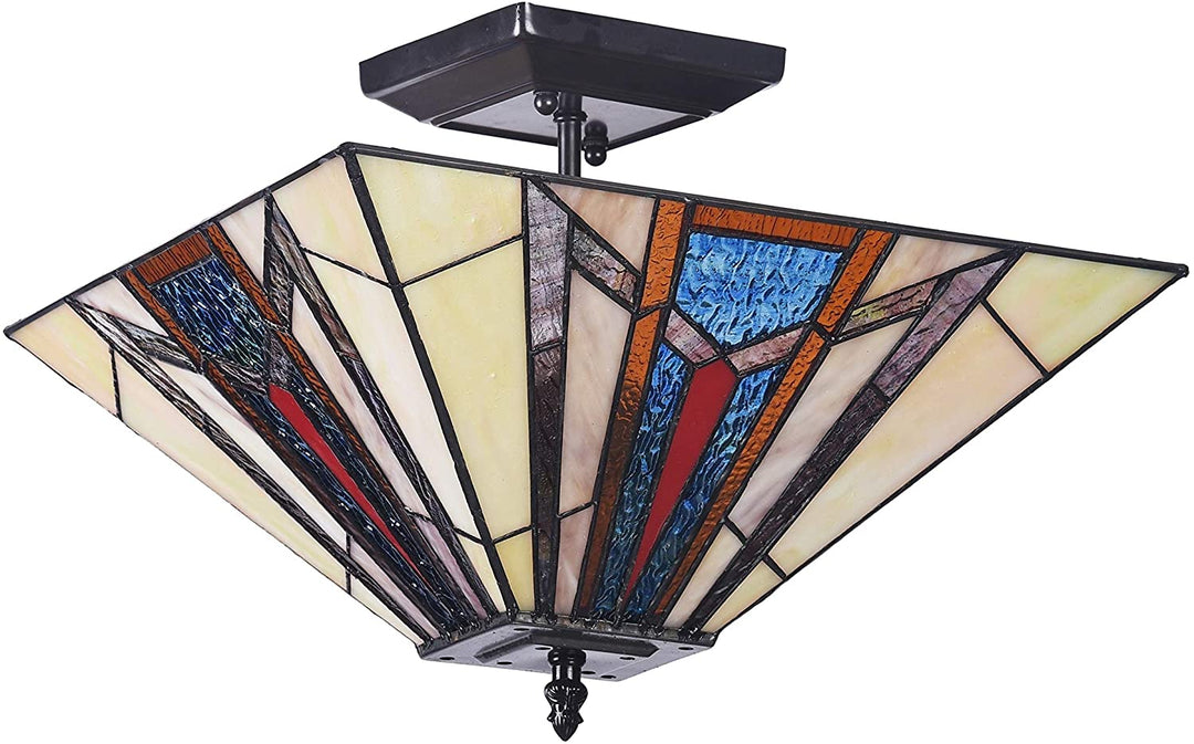 Tiffany 2 Light Blackish Bronze Semi Flush Mount Color Art Glass Metal Dimmable - Diamond Home USA