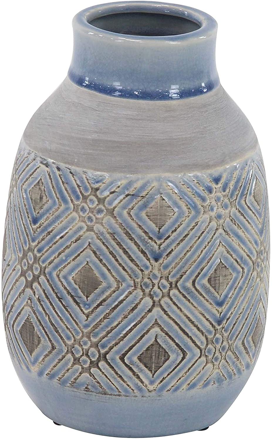 11 inch Traditional Ceramic Geometric Weave Vase Grey Bohemian Eclectic Stoneware - Diamond Home USA